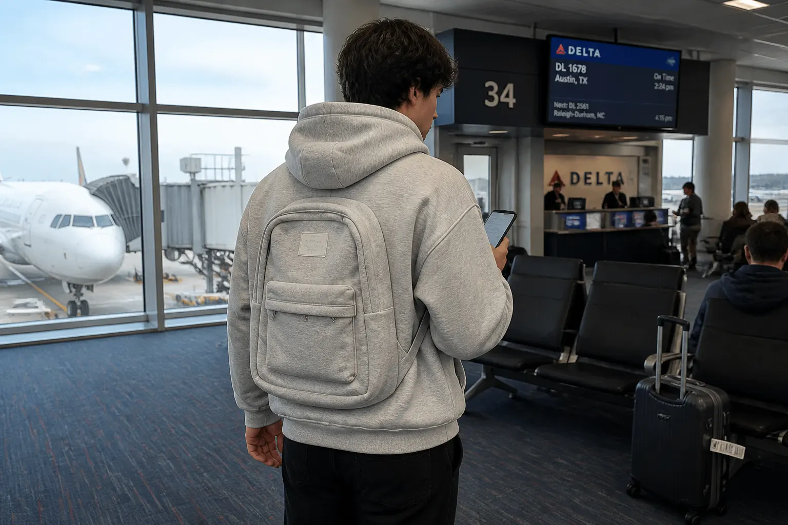Traveler at airport gate wearing the loaded NomadHood hoodie hands-free