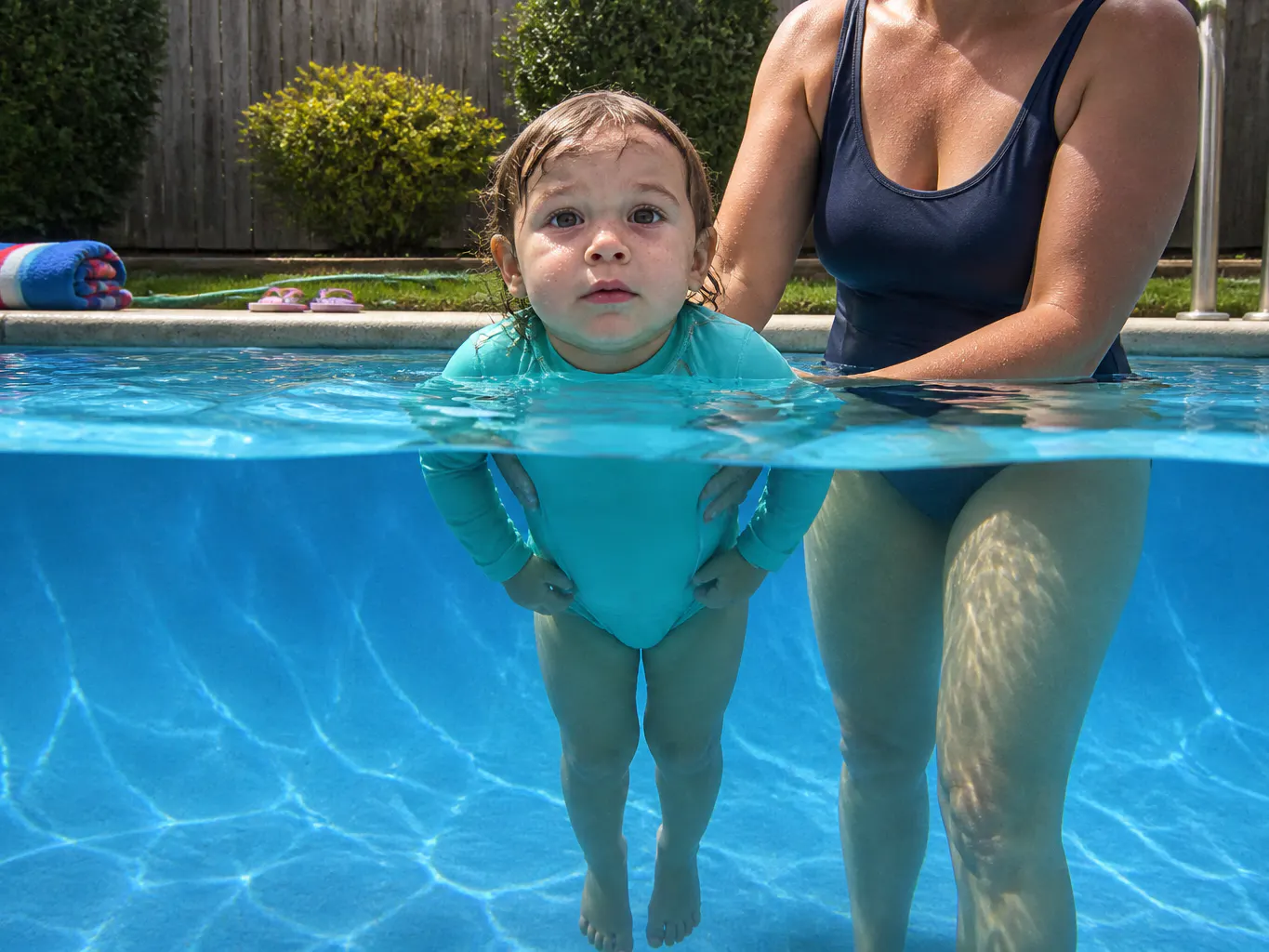 Child held upright in the water by arm-mounted flotation with legs hanging down