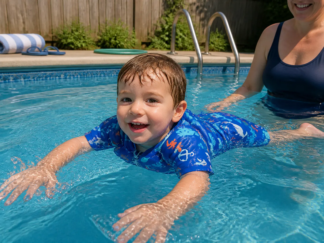 Child floating flat and chest-down in the float suit, arms and legs free to paddle