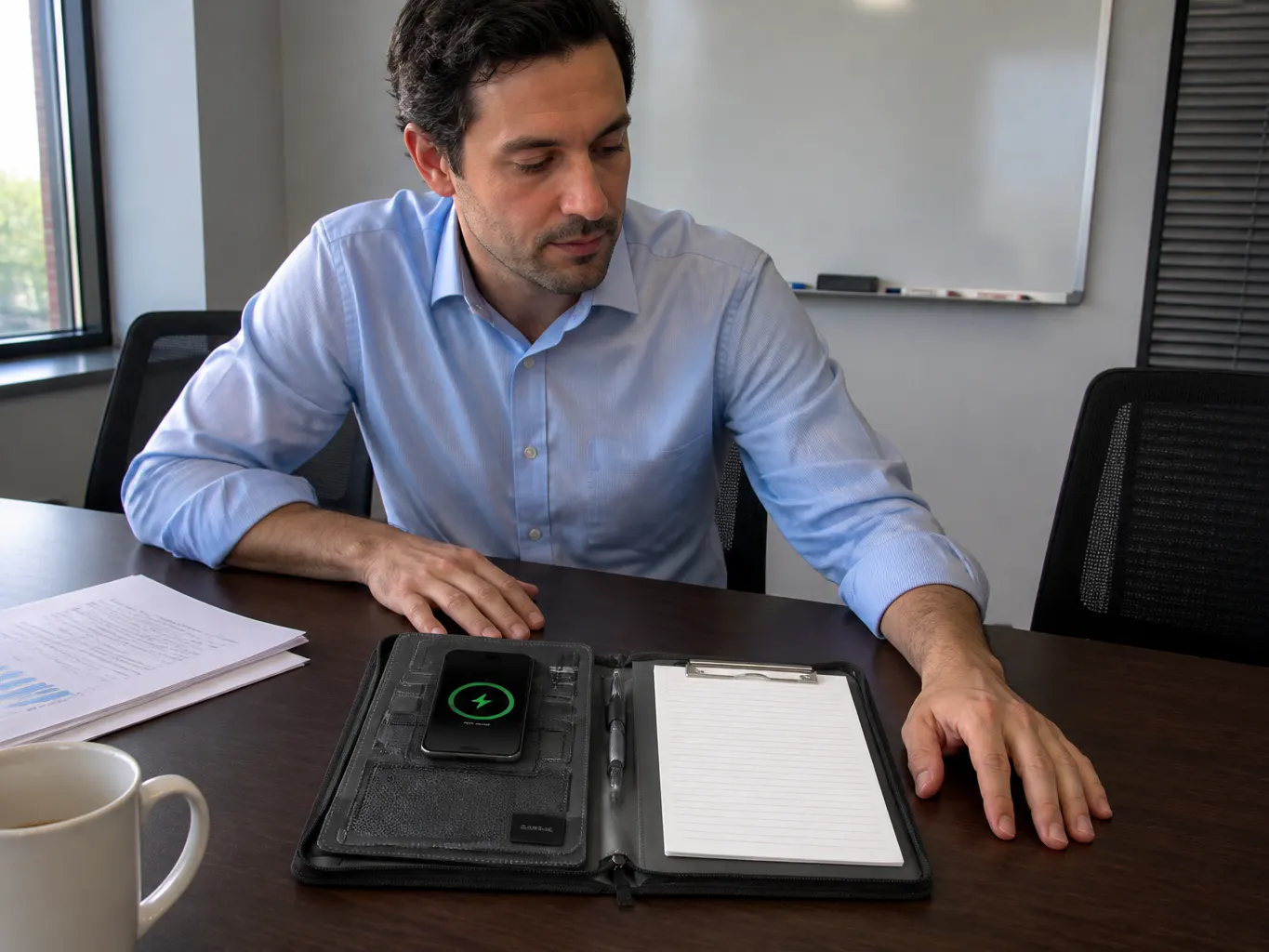 Ventra padfolio open on a meeting table with a phone charging on the wireless panel