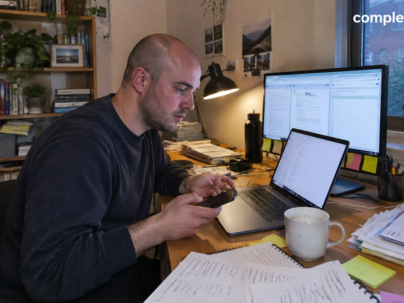 A desk scattered with phone notes, sticky notes, printed pages and an open laptop