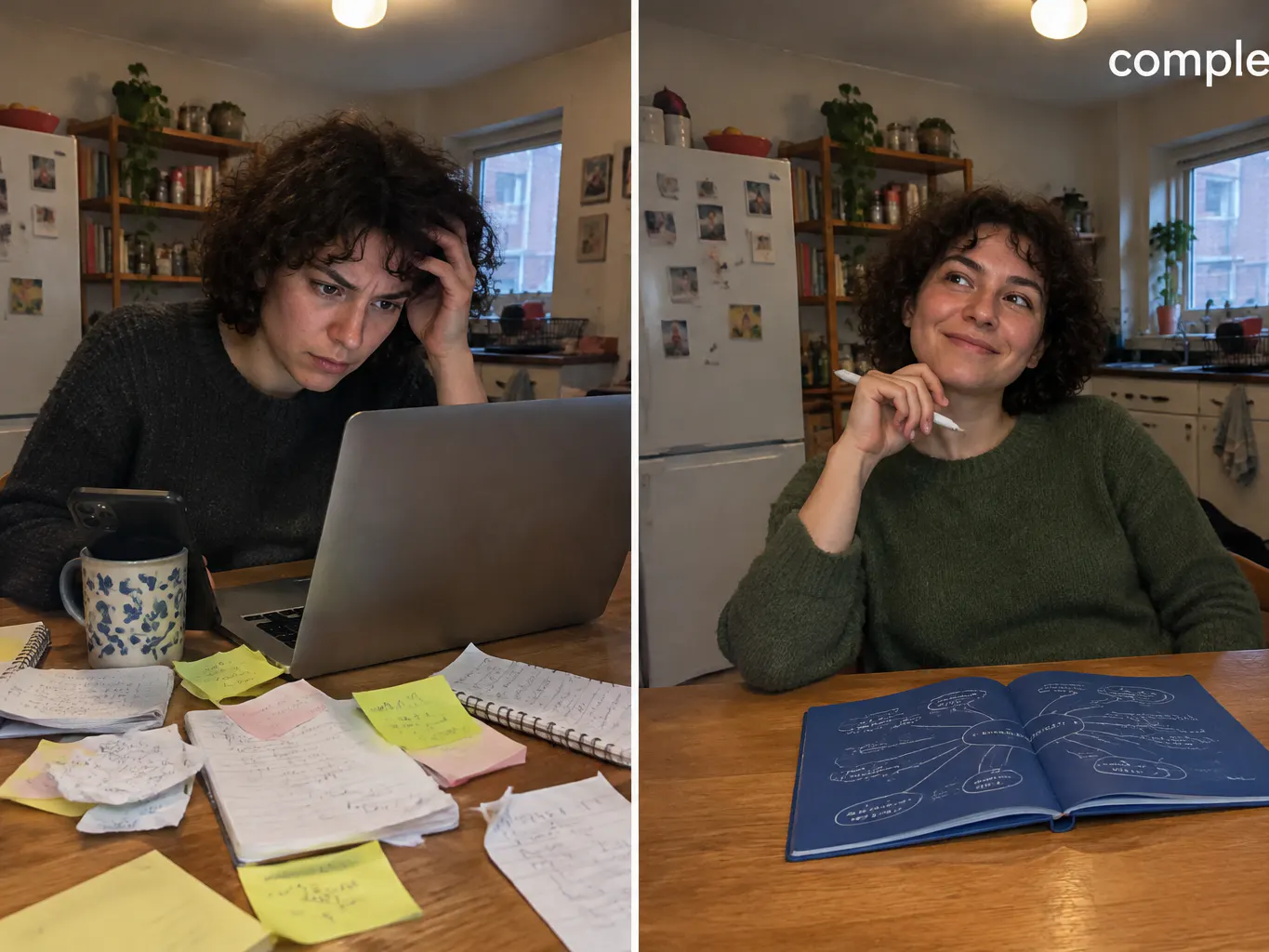 Before and after - a desk scattered with notes becoming one open blue spread