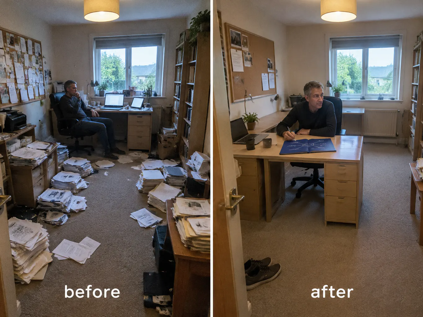 Before and after - printed pages and tabs becoming one calm open spread at a home desk