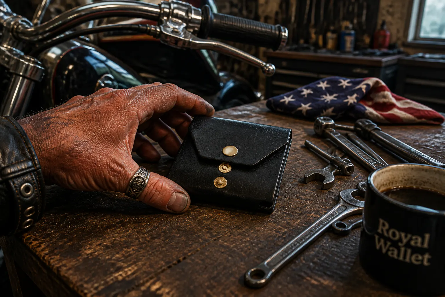 Rugged man's hand holding the leather wallet