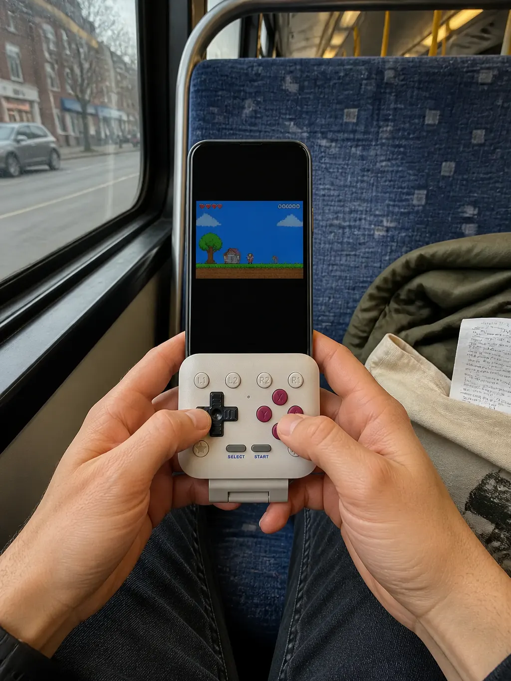 Phone held vertically in two hands on a train, controller flipped down beneath the screen