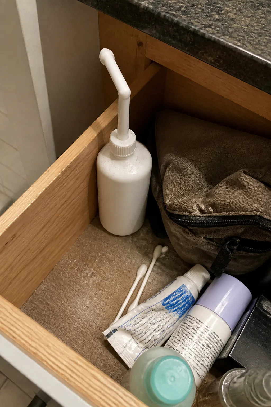 An abandoned manual squeeze-bottle bidet collecting dust in a drawer