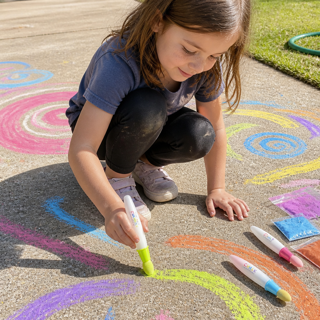 Child painting a colorful driveway with a sponge chalk brush