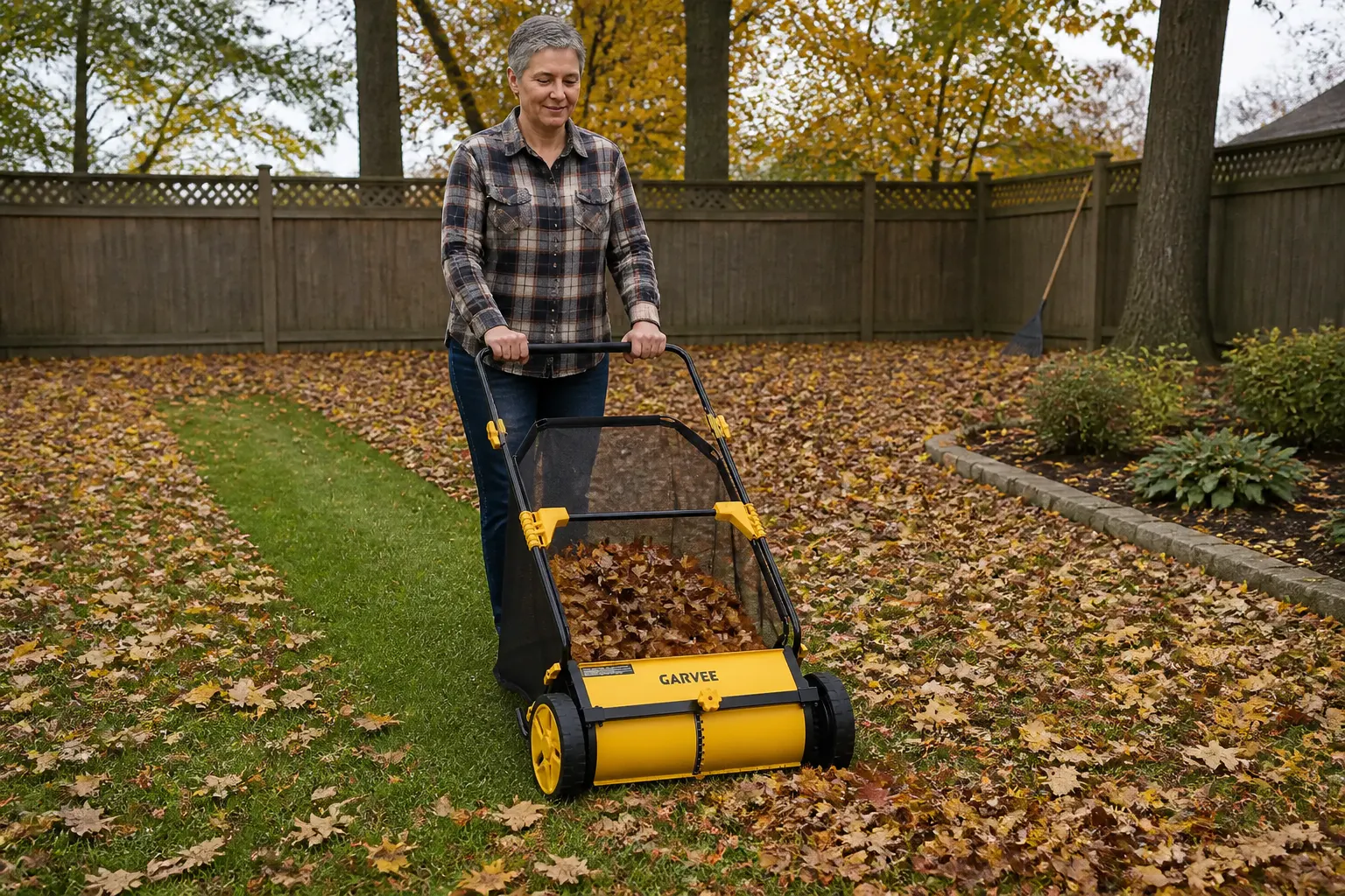 Push lawn sweeper clearing leaves off a lawn