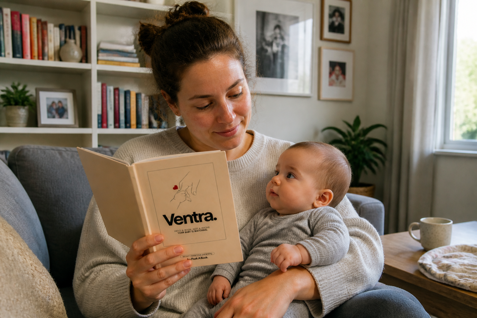 A parent calmly reading the book on the couch