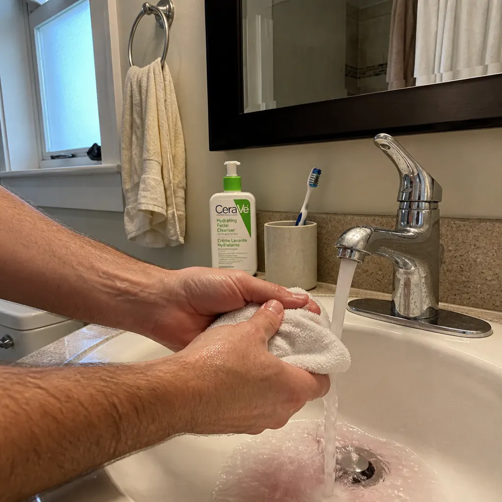 A dog being rinsed in the bath, color washing away
