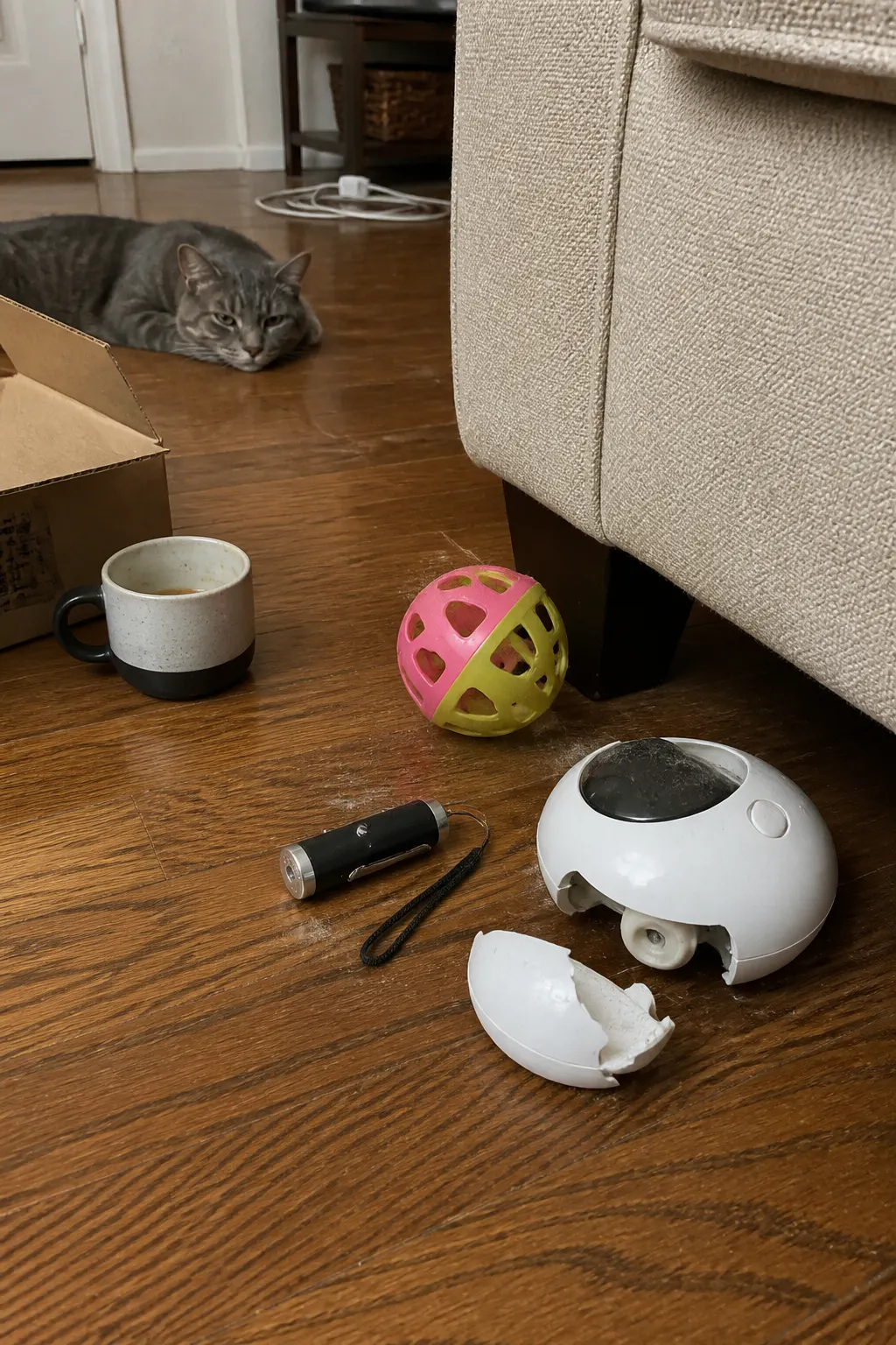 A cat sitting bored beside a pile of abandoned toys