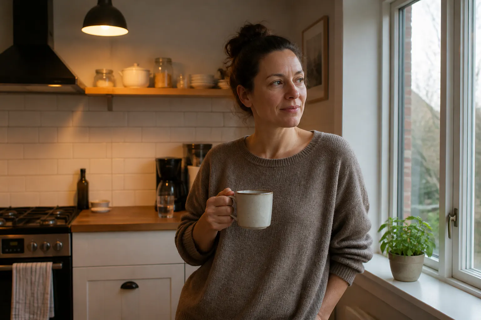 A woman feeling calm and content, herself again