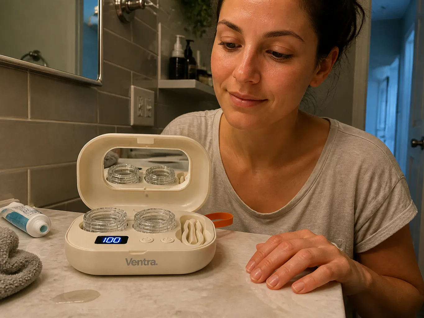 Ventra lens cleaner open with LED display lit mid-cycle