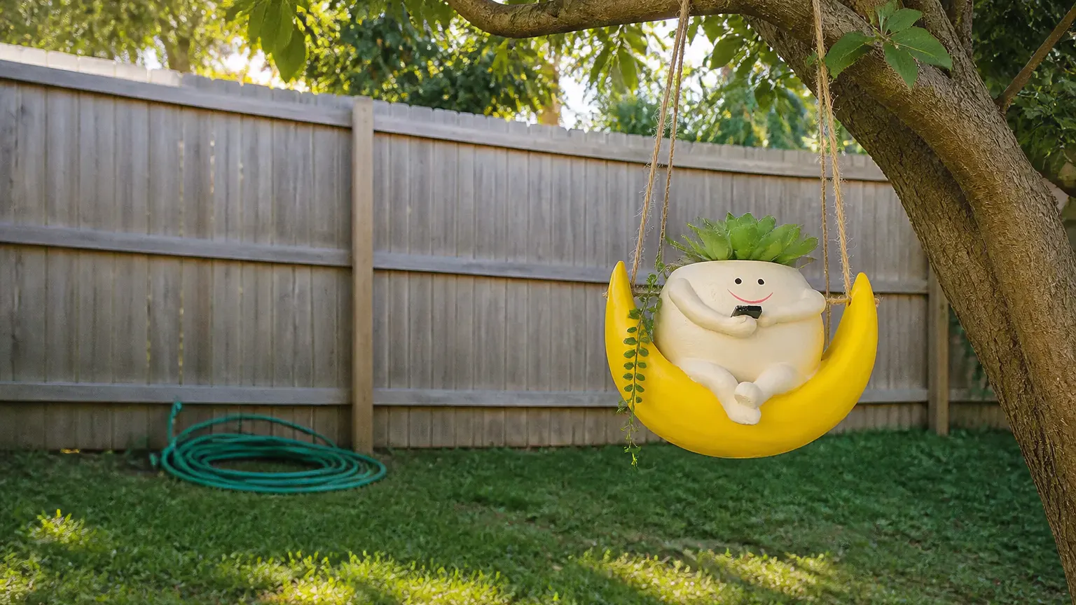 The swing planter with a fully grown-in succulent hanging from a backyard branch at dusk with warm house light behind it
