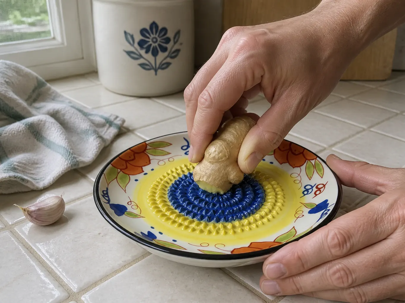 A peeled garlic clove rubbed against the raised ceramic teeth in the center of the painted dish