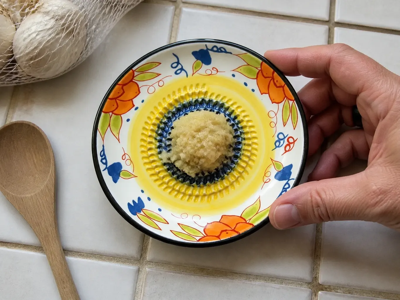 Fine garlic paste and its juice pooling in the shallow glazed well around the teeth