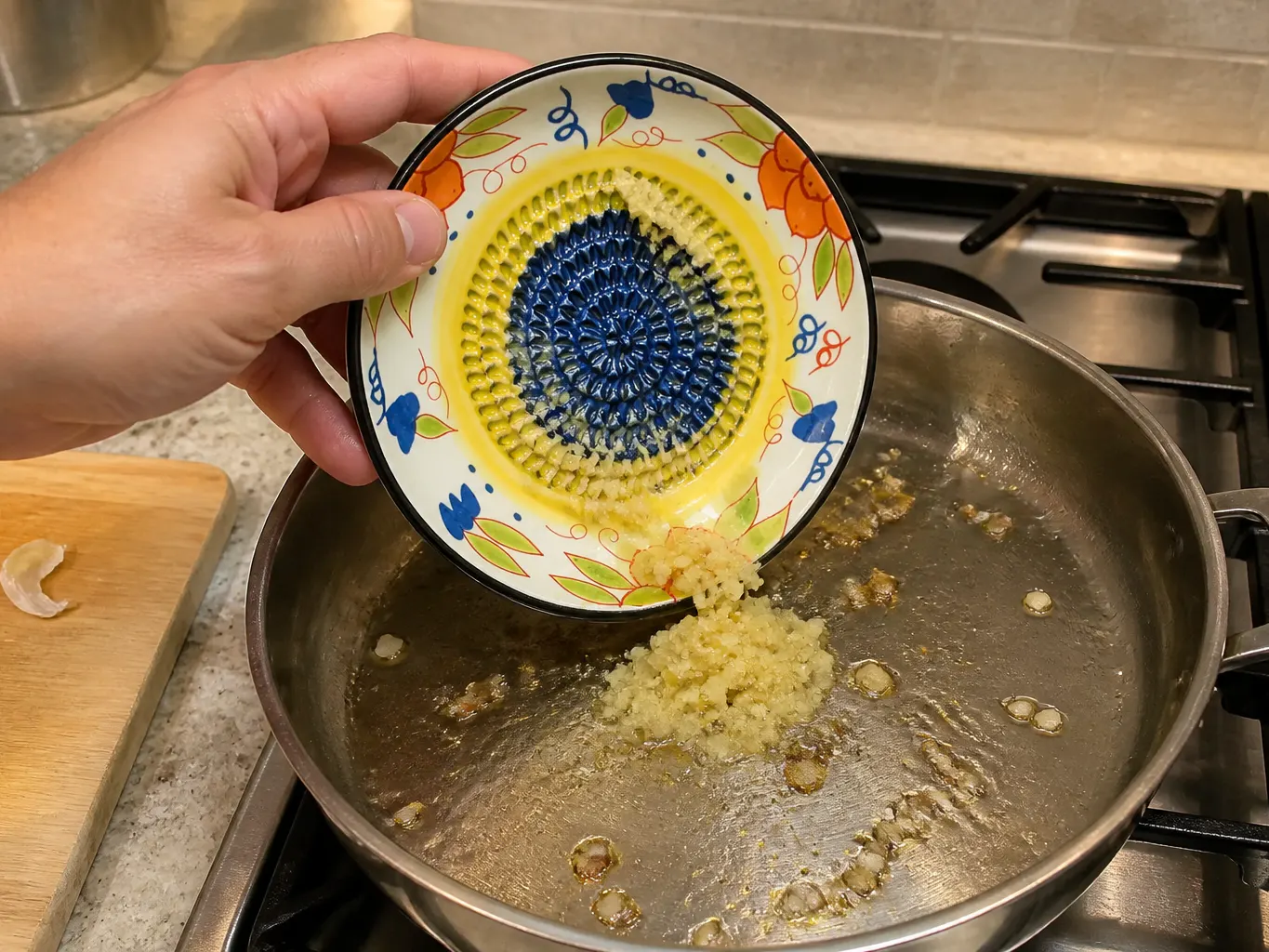 Scraping the fine garlic paste from the dish's well into a pan