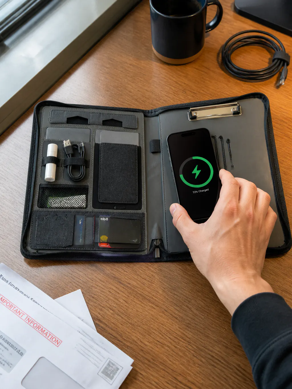 Phone charging on the wireless panel of the open case with the battery percentage visible
