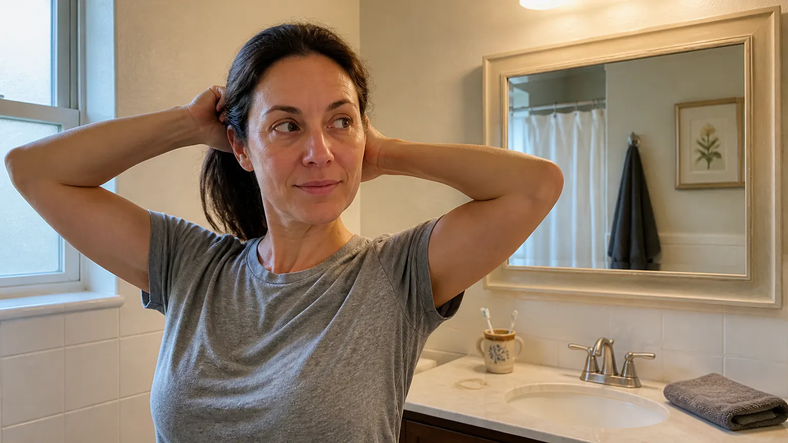 Woman with her hair pulled back into a ponytail in a bright bathroom