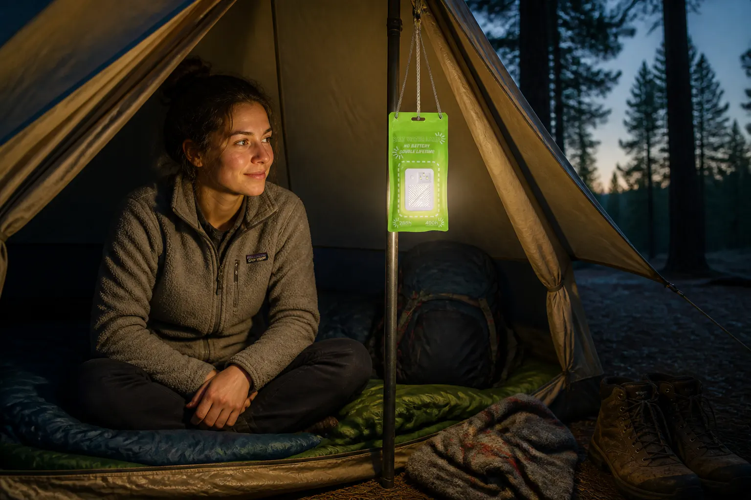 Hung in the tent by its lanyard