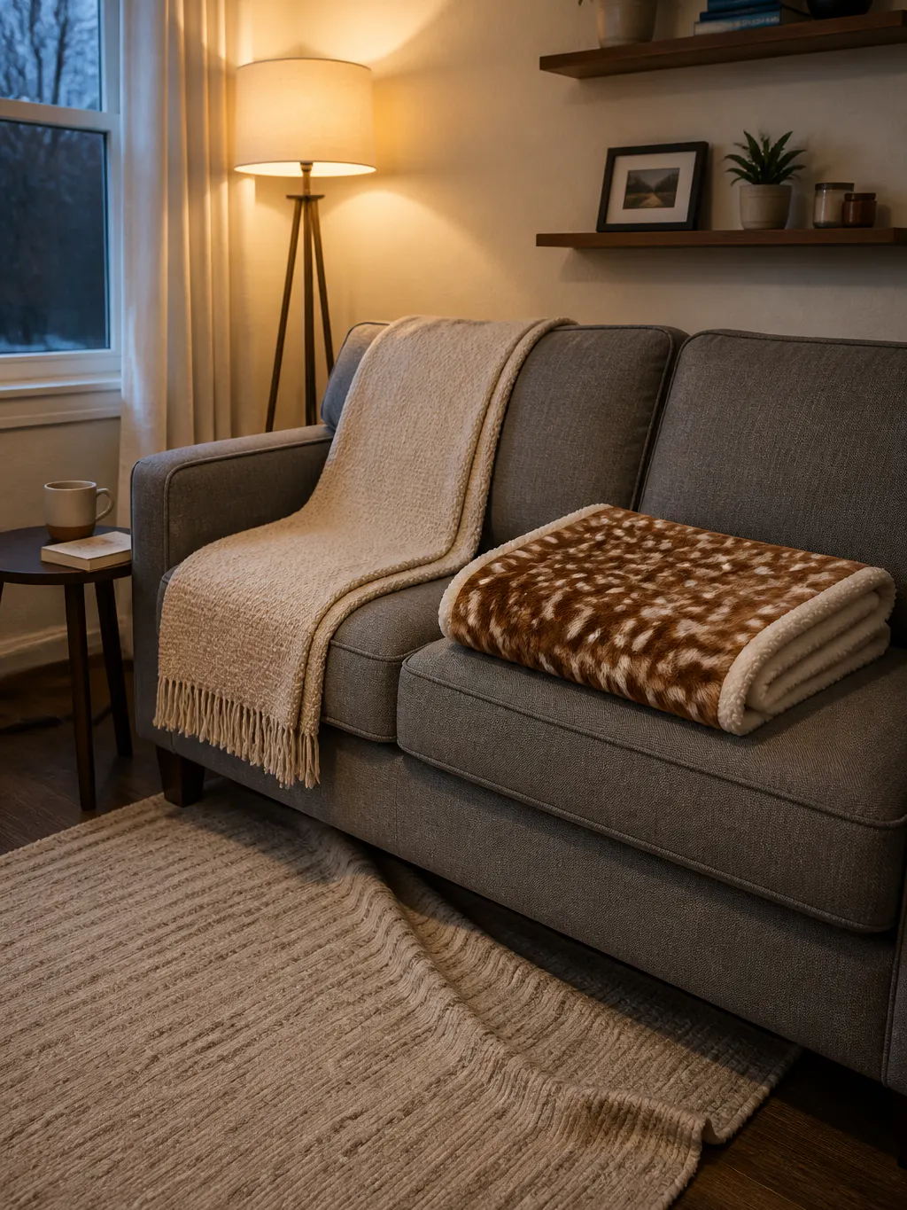 A living-room sofa with a thin decorative throw folded on top of a bunched fleece blanket