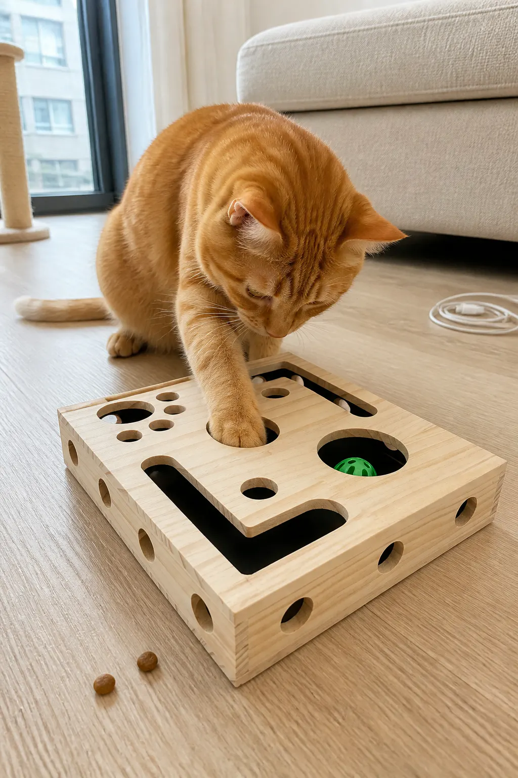 Cat crouched low with claws extended, batting a jingle ball through a hole in the solid-wood maze toy at home