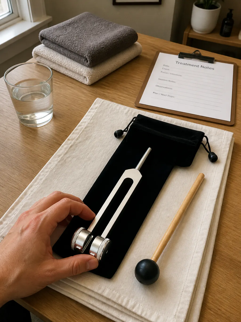 The 128 Hz instrument resting in a calm somatic-therapy studio