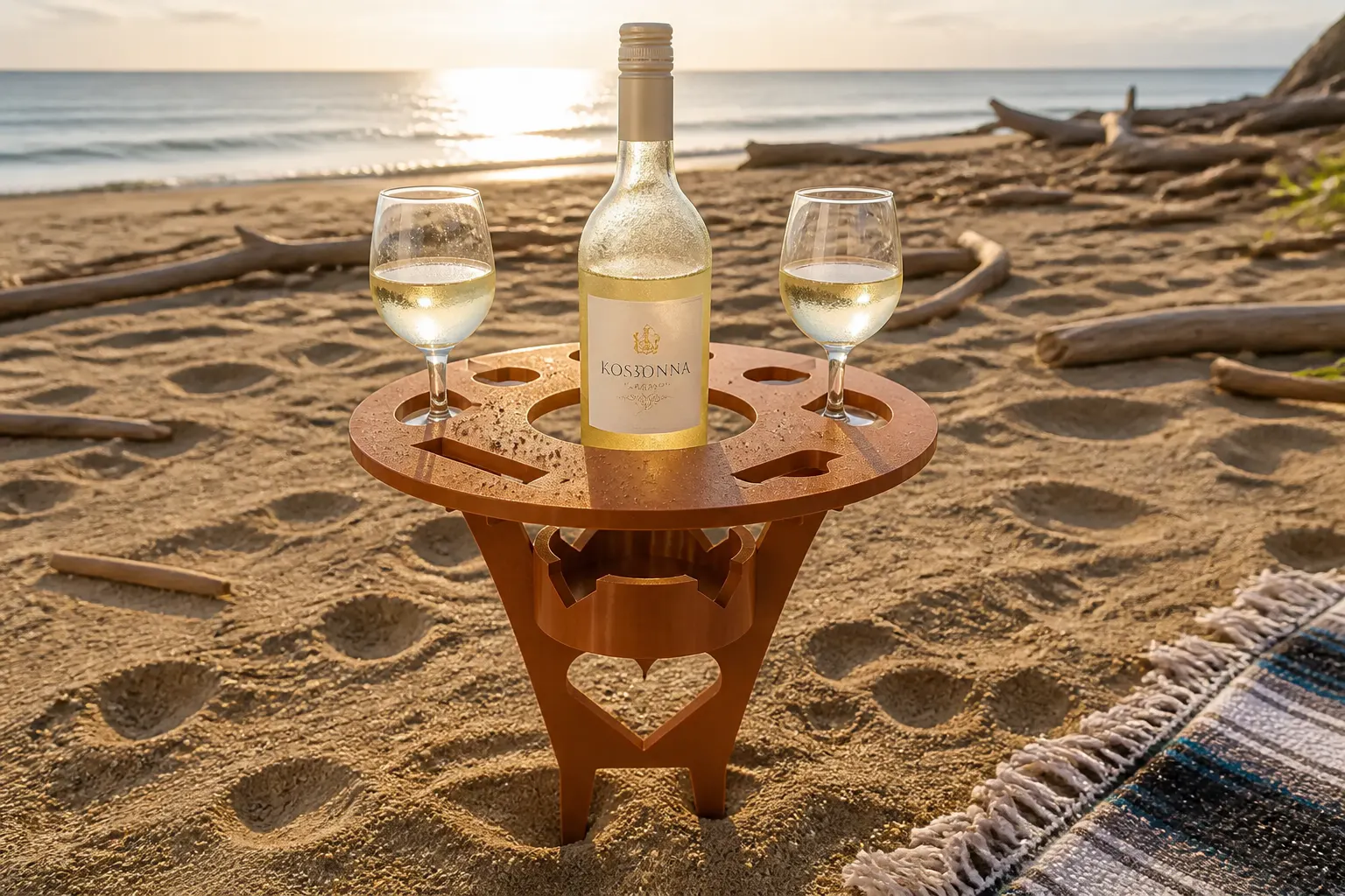 Ventra table holding a full 750ml bottle, two glasses, and a phone with a hand for scale