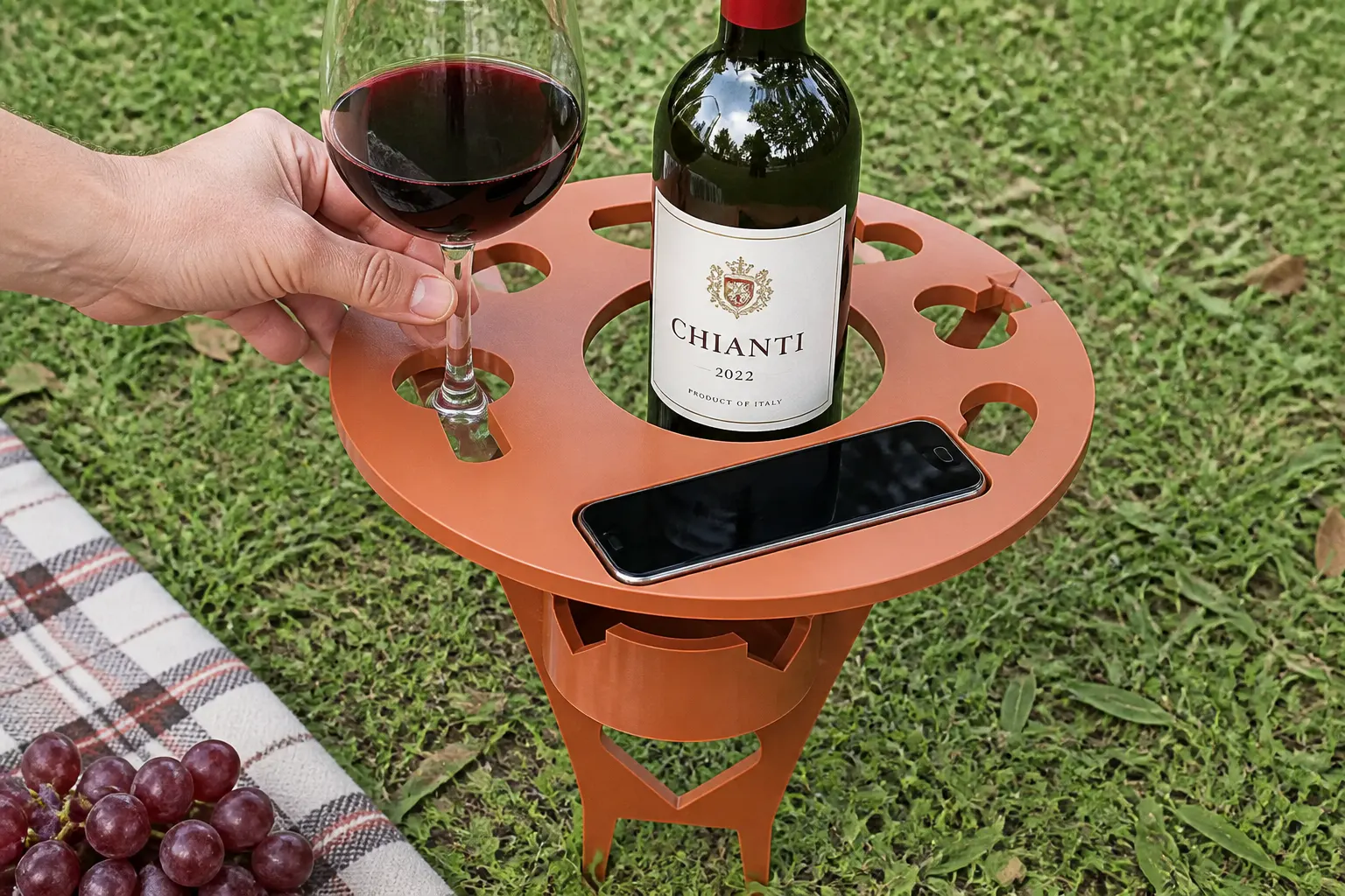 The table packed flat inside a beach tote