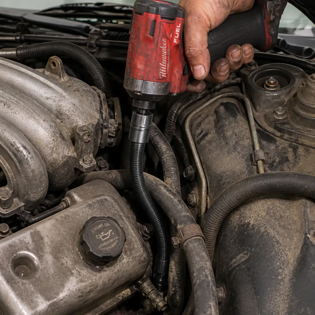 Flexible S2 steel bar bending to reach a hidden engine-bay bolt