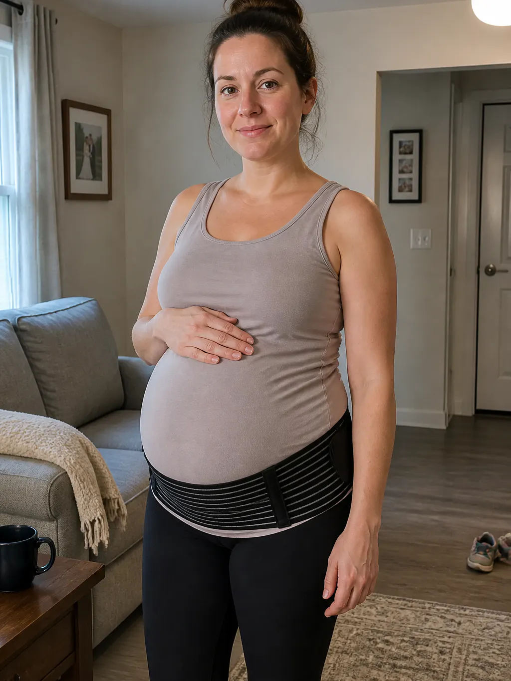 Pregnant woman wearing maternity support belt under the belly