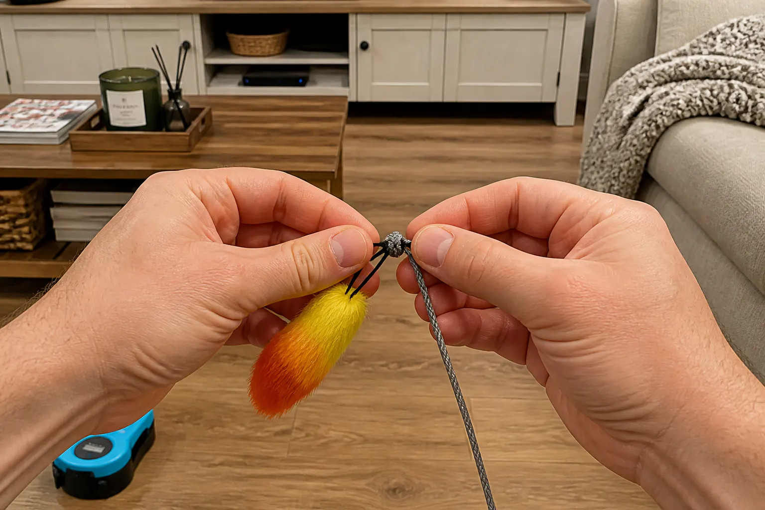 Corner pulley clip anchored around a table leg
