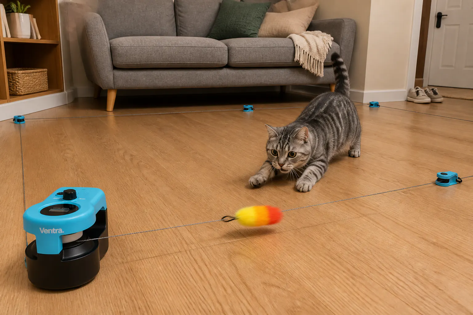 A cat mid-chase as the lure zips along the floor track