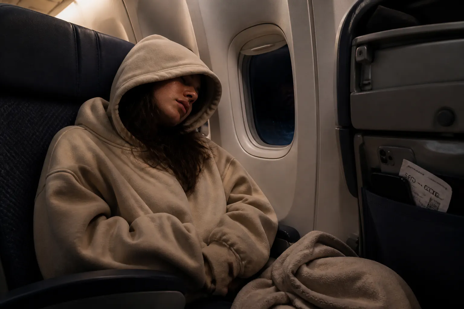 Cozy night flight, hood down asleep