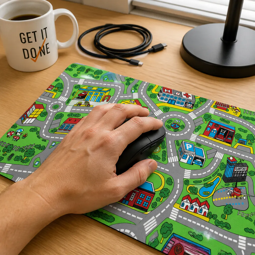 Mouse gliding smoothly across the printed road-rug surface