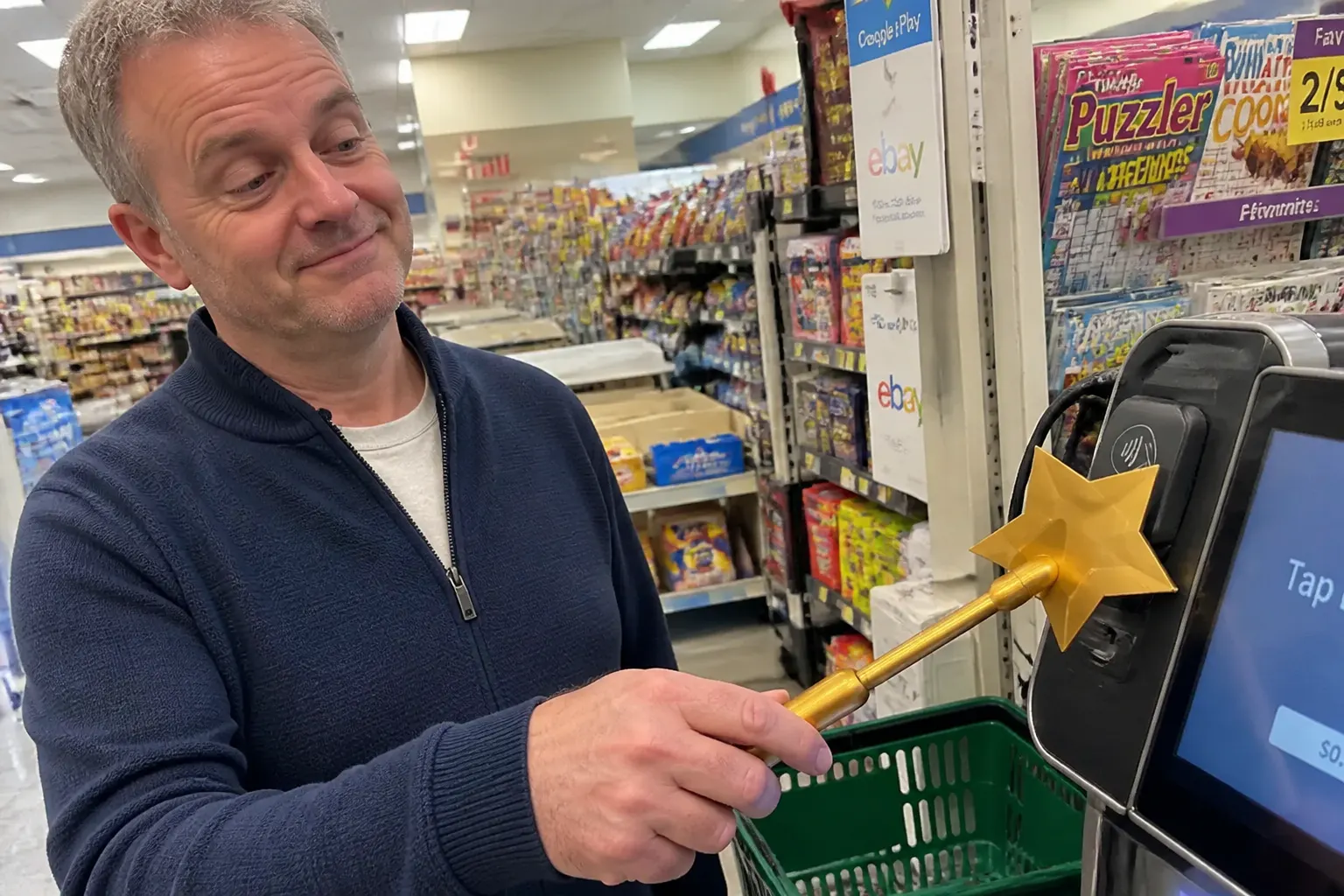 Wand in a customer's hand at a store terminal