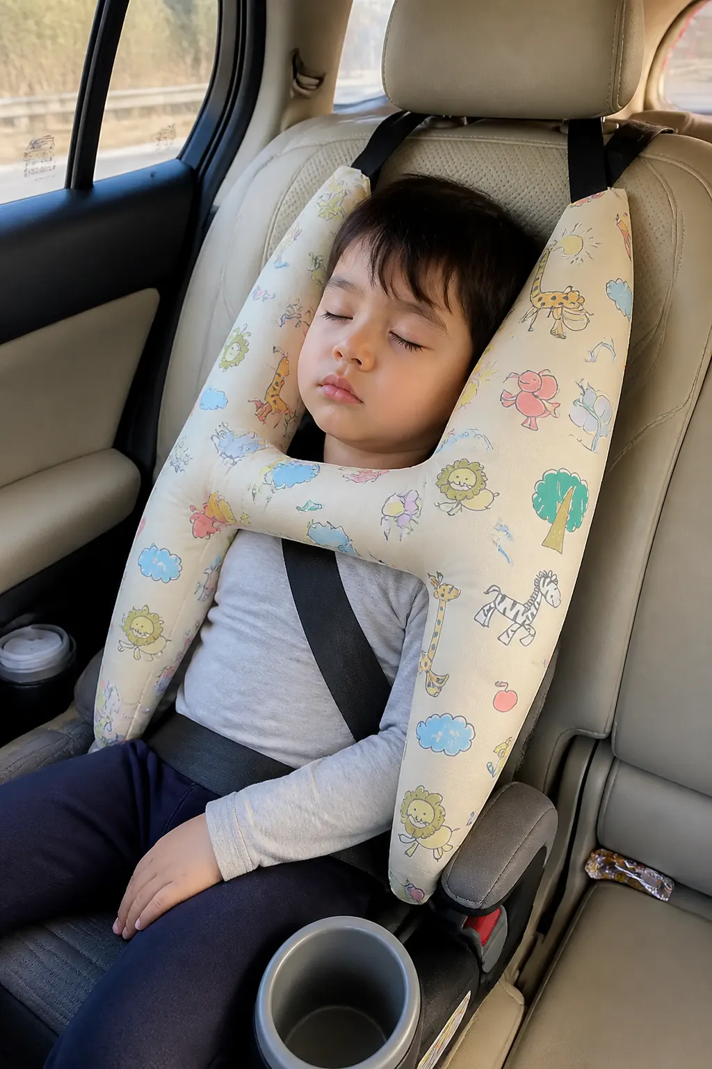 Child asleep in a car seat with head cradled upright inside the plush wings
