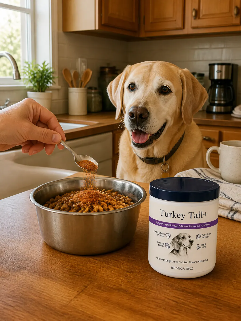Ventra turkey tail powder being spooned onto a senior dog kibble bowl