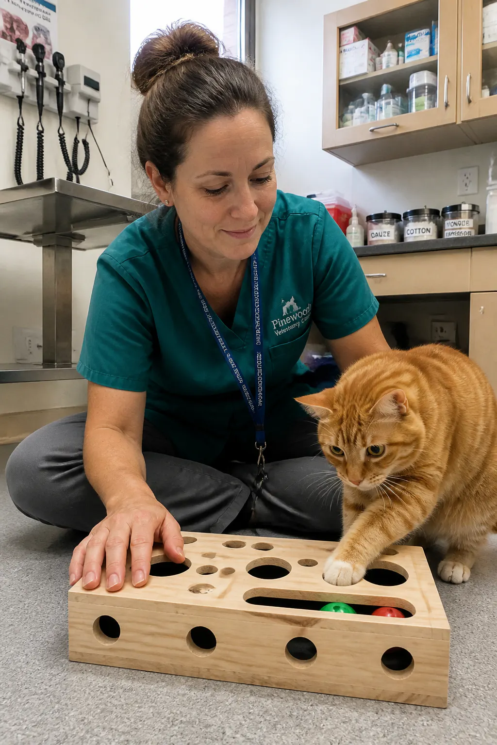 Veterinarian holding a cat and presenting the wooden maze toy in a clinic