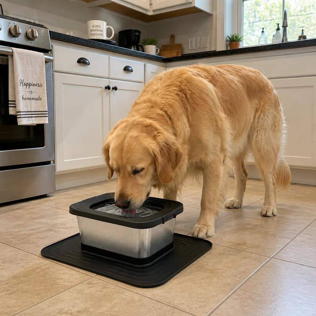 Large dog drinking from the Ventra stainless steel bowl on its anti-slip mat