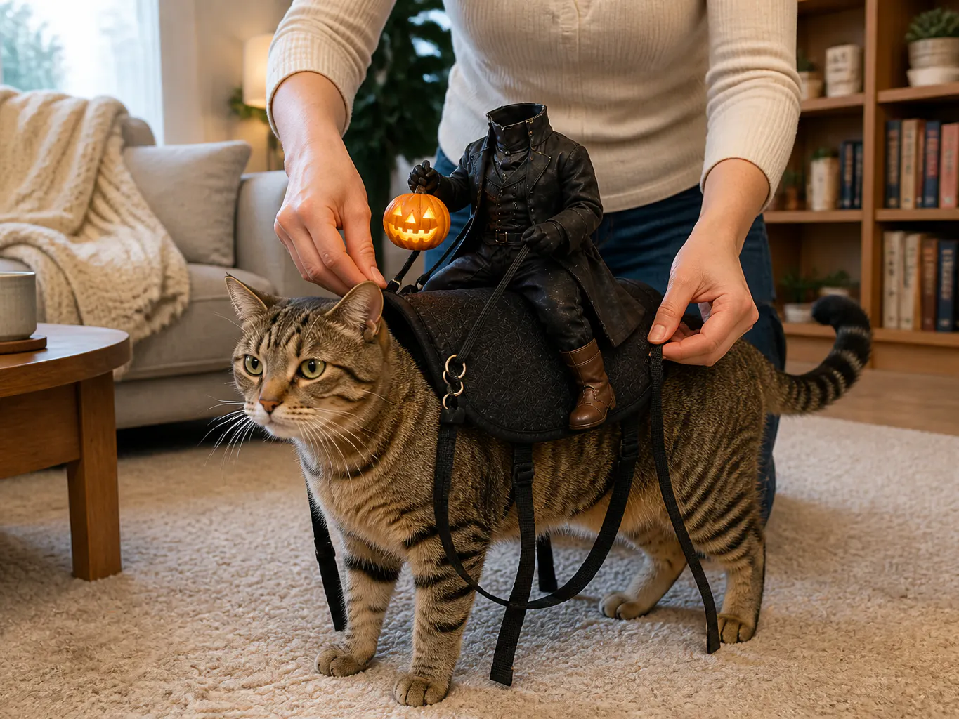 Padded saddle placed centered on a cat's back