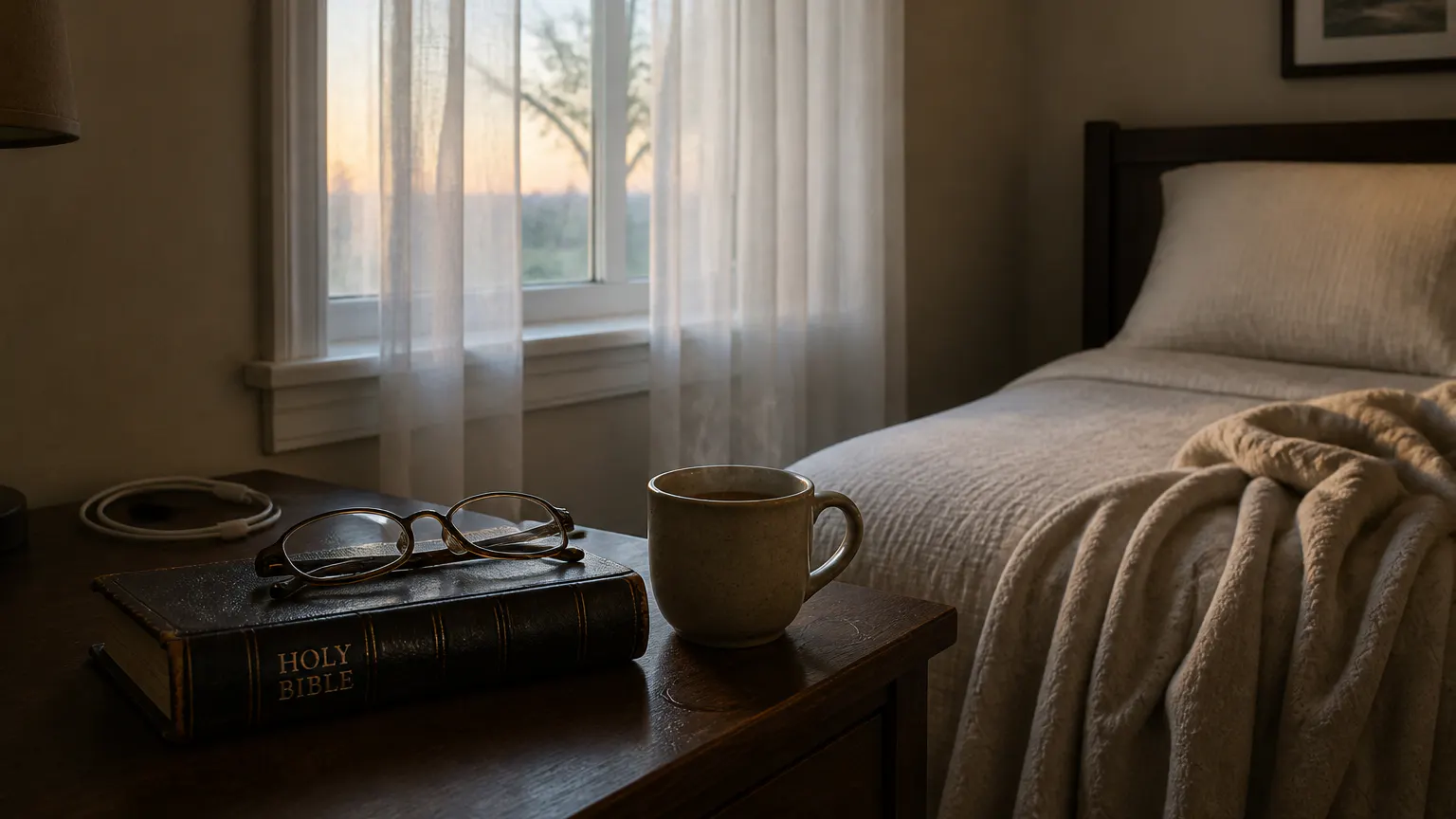 The glowing tomb on a nightstand in a dark bedroom at first light