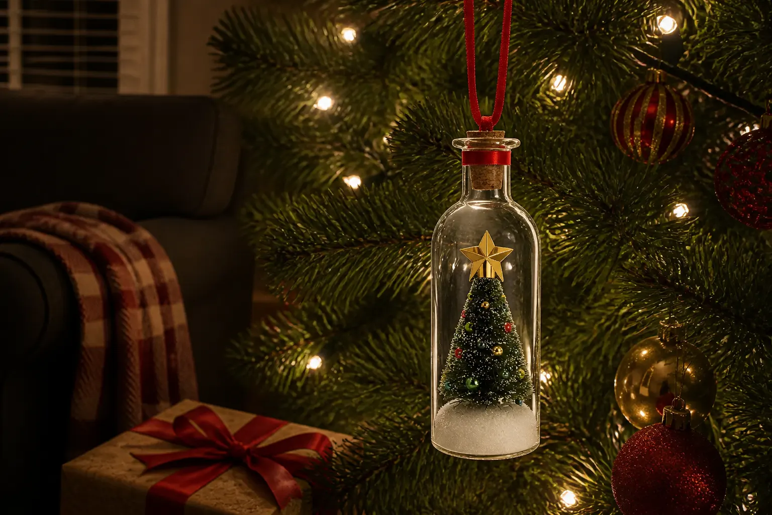 Recordable glass message bottle glowing on a Christmas tree at night