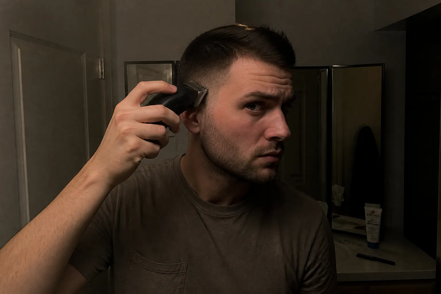 Standing centered, seeing the lit back of the head reflected in the angled side panel, both hands on clippers