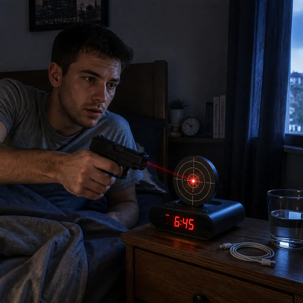 The Laser Target Alarm Clock mid-alarm in a dark bedroom, bullseye popped up, infrared gun raised
