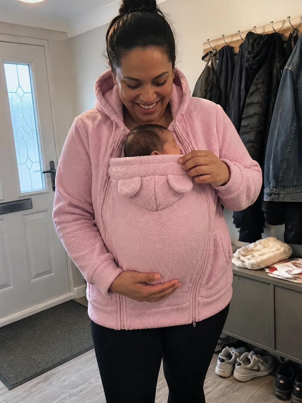 The hoodie zipped with the pouch panel attached and a baby nested chest-to-chest, face clear