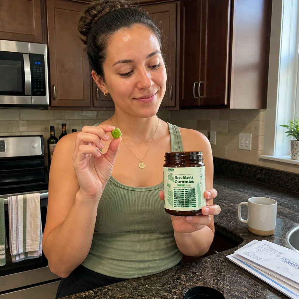 Ventra 16-in-1 sea moss gummies in an amber jar with green-apple gummies