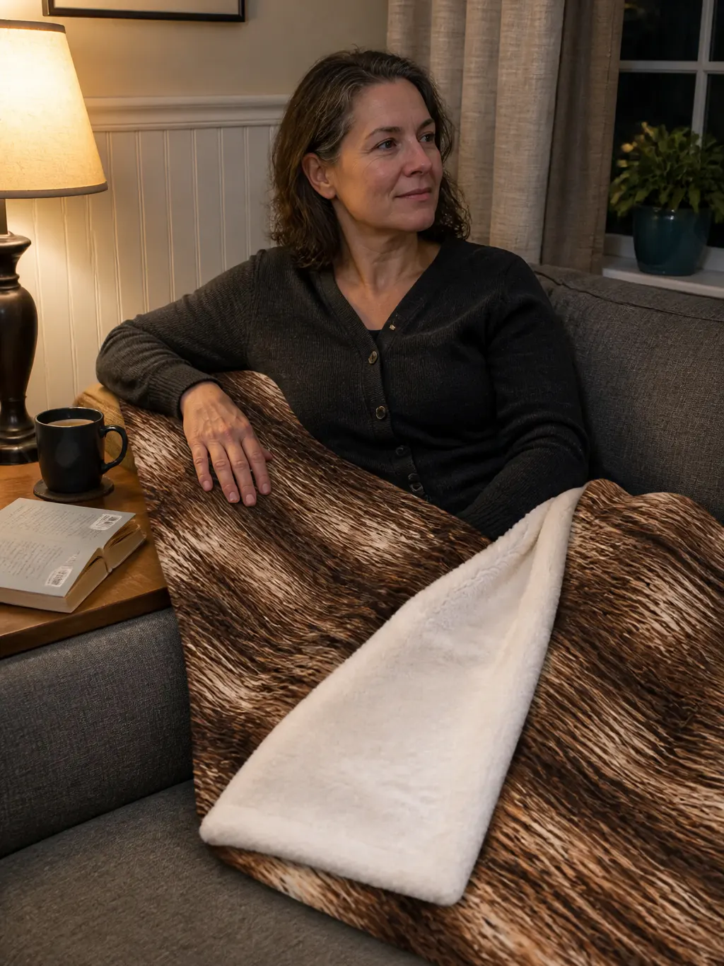 The throw folded over the arm of a sectional in a lamp-lit living room