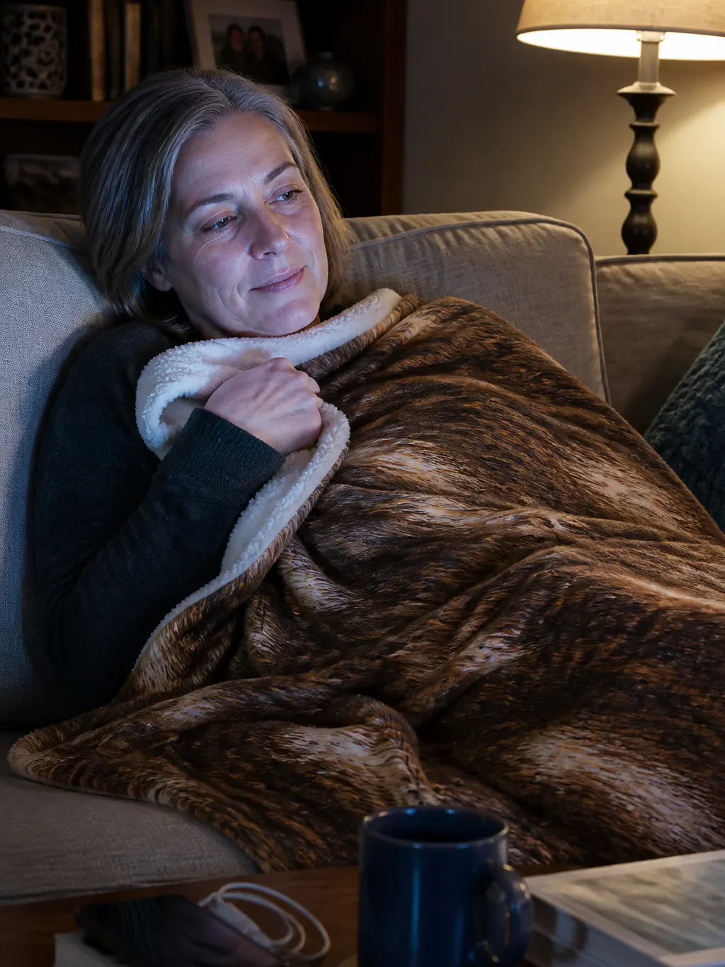 A woman with her feet up under the sherpa side of the throw