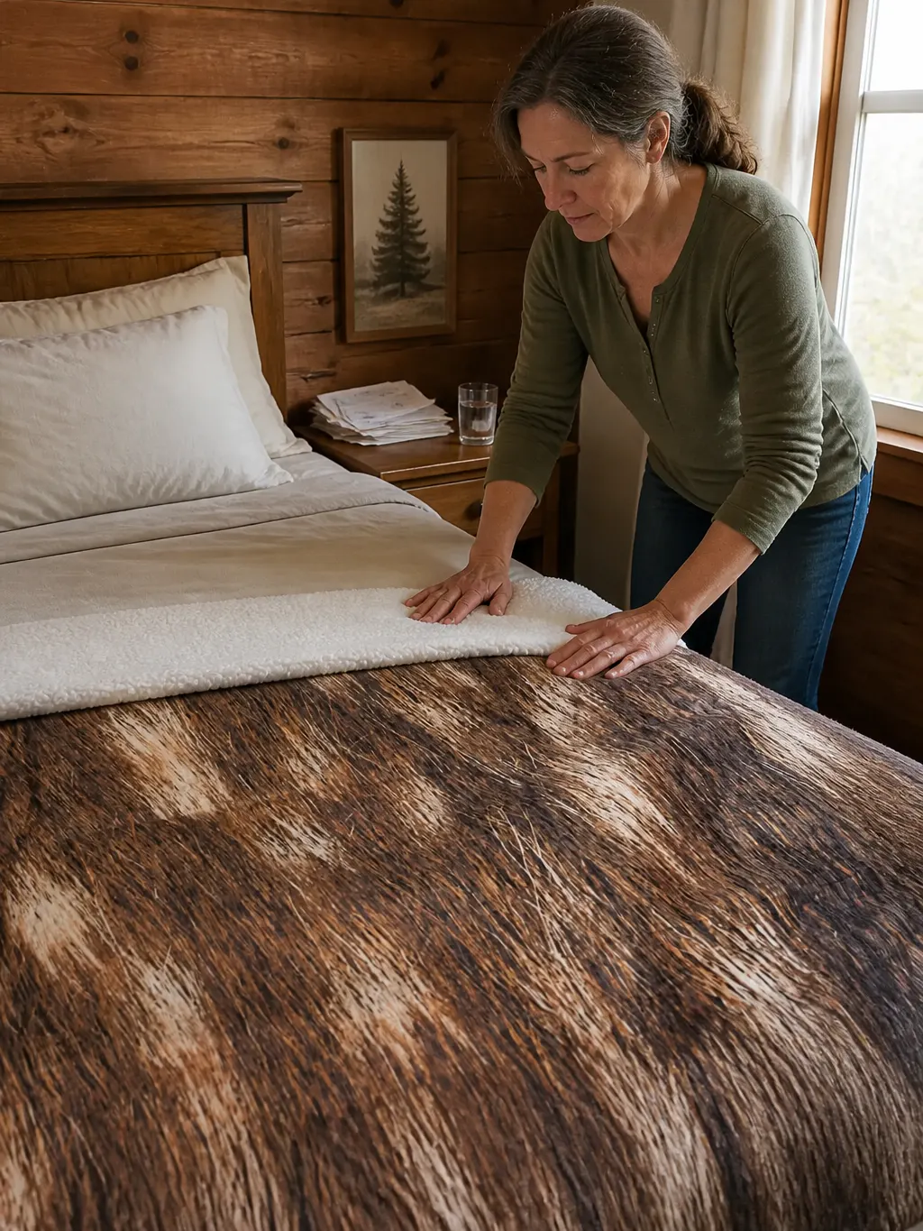The queen size throw made up across a bed in a rustic bedroom
